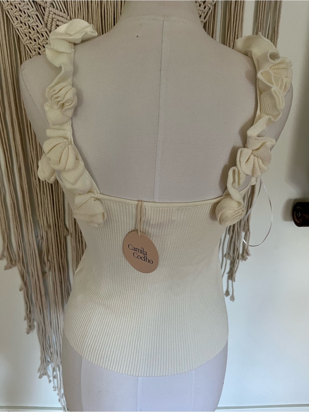 Camila Coelho Cream Ruffle Strap Ribbed Tank - Picture 6 of 11